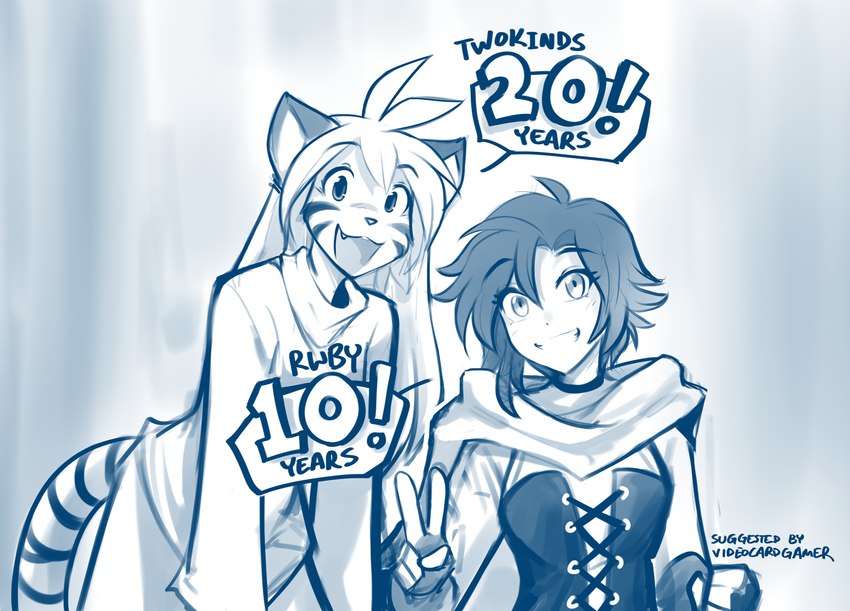 anthro clothed clothing corset dialogue duo female fur gesture grin hand_gesture lingerie looking_at_viewer open_mouth open_smile smile striped_body striped_fur stripes tail text topwear v_sign conditional_dnp tom_fischbach rooster_teeth rwby twokinds flora_(twokinds) ruby_rose felid human keidran mammal pantherine tiger 2023 adobe_photoshop_(artwork) blue_and_white digital_media_(artwork) english_text hi_res monochrome sketch