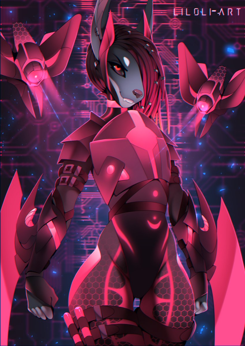 anthro bodysuit clothing drone female glowing hair hexagon hunter machine melee_weapon neon pink_clothing red_eyes red_hair skinsuit smile smirk solo spacesuit tight_clothing weapon liloli_(artist) sokolovo acrador canid canine canis jackal mammal robot hi_res