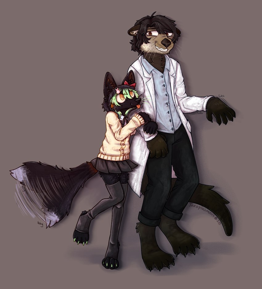 adolescent adult_on_adolescent adult_on_young age_difference alternate_species anthro arm_grab black_body black_fur black_hair brown_body brown_fur claws clothing coat dipstick_tail duo facial_hair feet female finger_claws fur green_hair hair hesitant hugging_arm lab_coat legwear male male/female markings melanistic membrane_(anatomy) older_male stockings tail tail_markings tail_motion tailwag toe_claws toes tongue tongue_out topwear webbed_feet white_tail_tip young young_anthro young_female younger_female toxoplasmosis_(toxoplasmatinae) canid canine fox mammal mustelid otter red_fox sea_otter true_fox hi_res