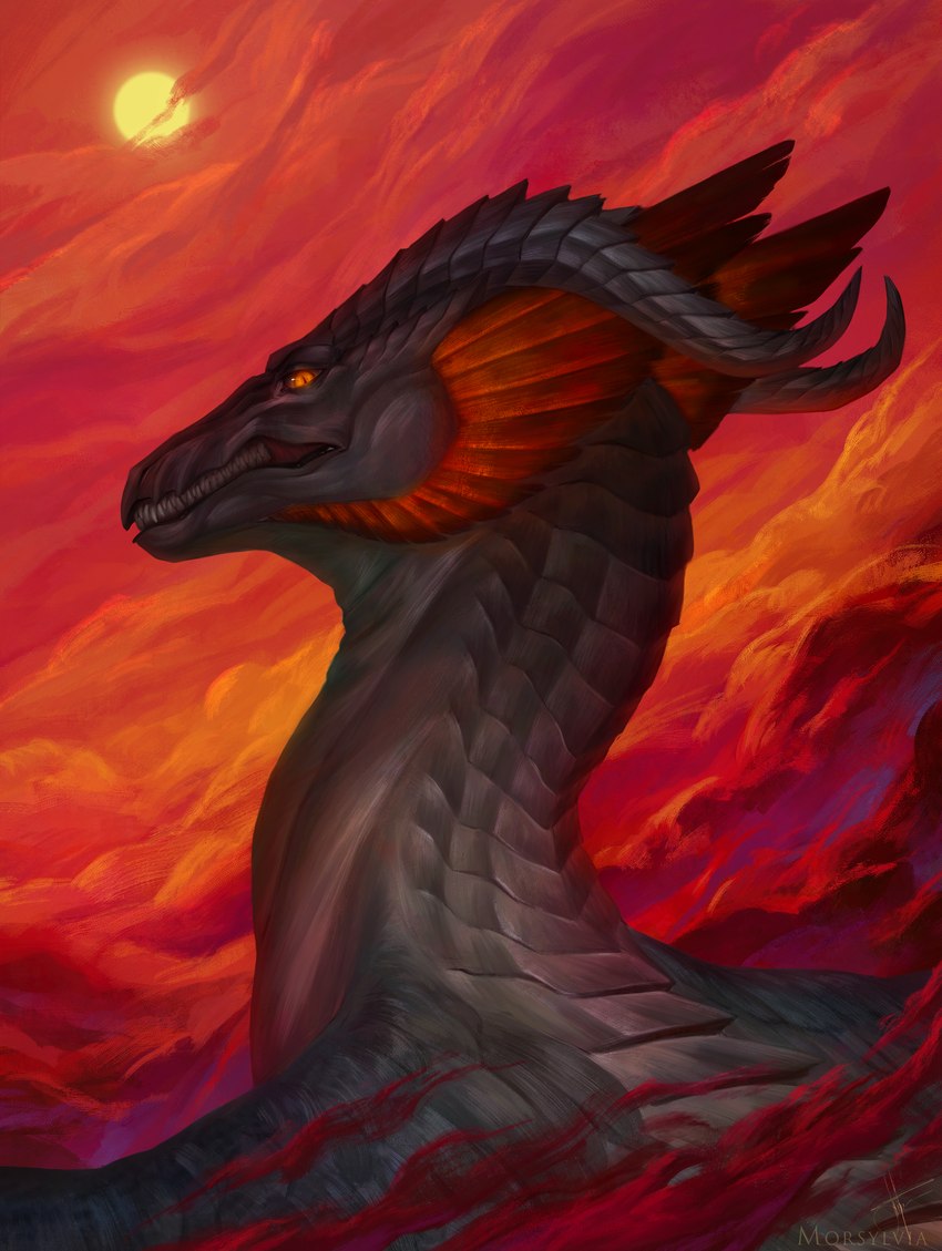 aerial_view ambiguous_gender black_body black_scales black_sclera cloud feral horn orange_eyes scales sky solo sun teeth twilight morsylvia mythology dragon mythological_creature mythological_scalie scalie 2022 absurd_res digital_media_(artwork) hi_res