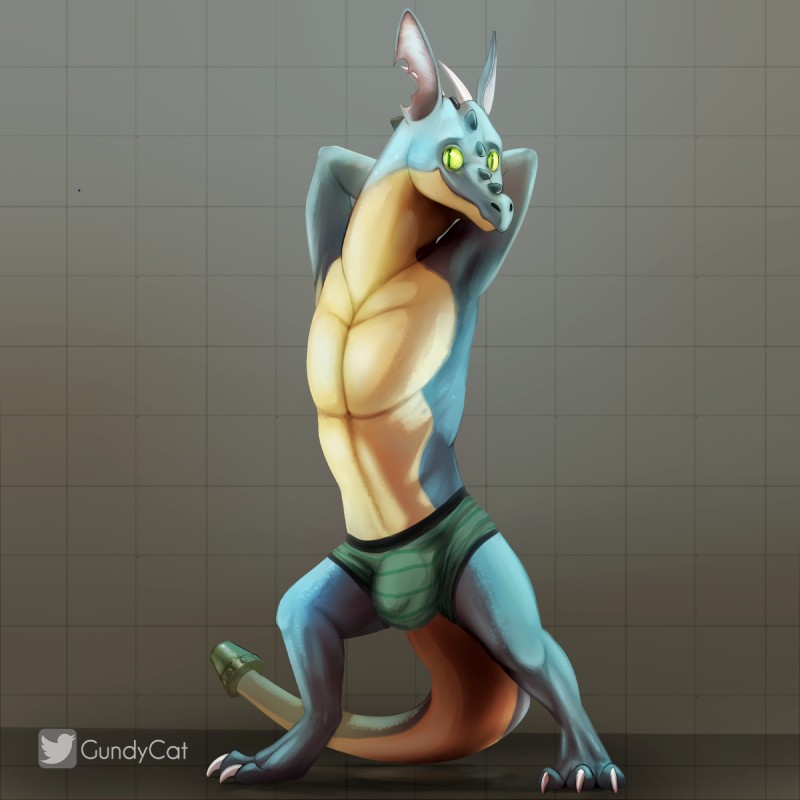 blue_body blue_scales bulge clothes_stretching clothing digitigrade flexing green_eyes horn looking_at_viewer male muscular muscular_male pose scales slim smile solo underwear yellow_body yellow_scales gundypip pockoboldets kobold scalie 1:1 hi_res