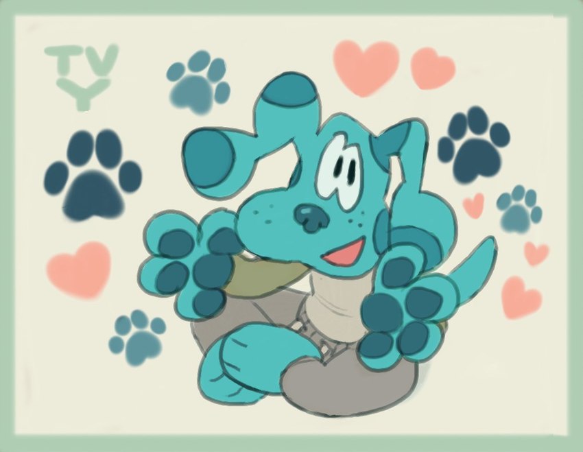 age_rating ambiguous_gender anthro blue_body blue_ears blue_fur blue_nose blue_pawpads blue_spots border bottomwear clothed clothing footprint front_view fur open_mouth open_smile pants pawpads pawprint shirt simple_background sitting smile solo spots topwear sockobocko blue's_clues nickelodeon blue_(blue's_clues) canid canine canis domestic_dog mammal 2019 digital_media_(artwork)