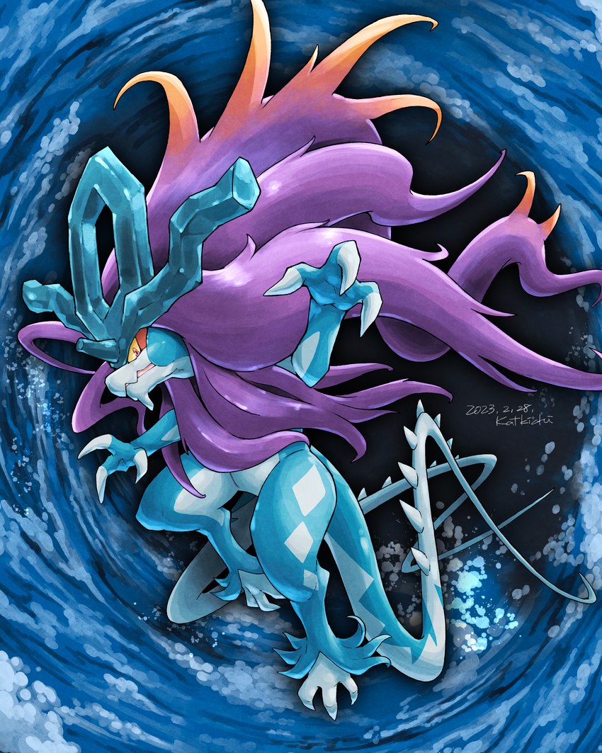 3_fingers action_pose ambiguous_gender blue_body claws crystal feral fingers hair jumping long_hair long_tail looking_at_viewer midair open_mouth orange_hair pose purple_hair red_eyes solo spiked_tail spikes spikes_(anatomy) tail water white_body yellow_sclera katkichi nintendo pokemon ancient_pokemon generation_9_pokemon paradox_pokemon pokemon_(species) walking_wake 2023 absurd_res dated digital_drawing_(artwork) digital_media_(artwork) hi_res signature