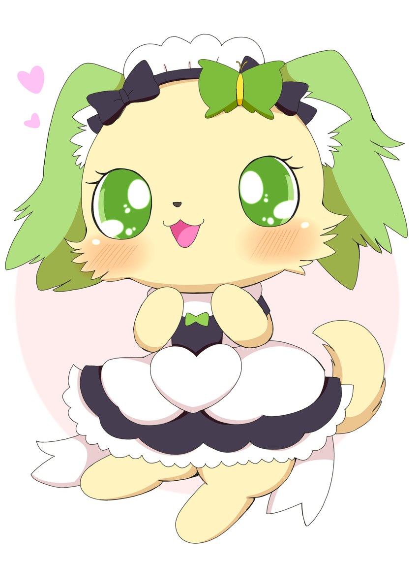 anthro blush clothing female female_anthro fur green_body green_eyes green_fur heart_symbol maid_headdress maid_uniform simple_background solo uniform white_background yellow_body yellow_fur azuo jewelpet sanrio sega sega_fave peridot_(jewelpet) canid canine canis domestic_dog mammal absurd_res hi_res