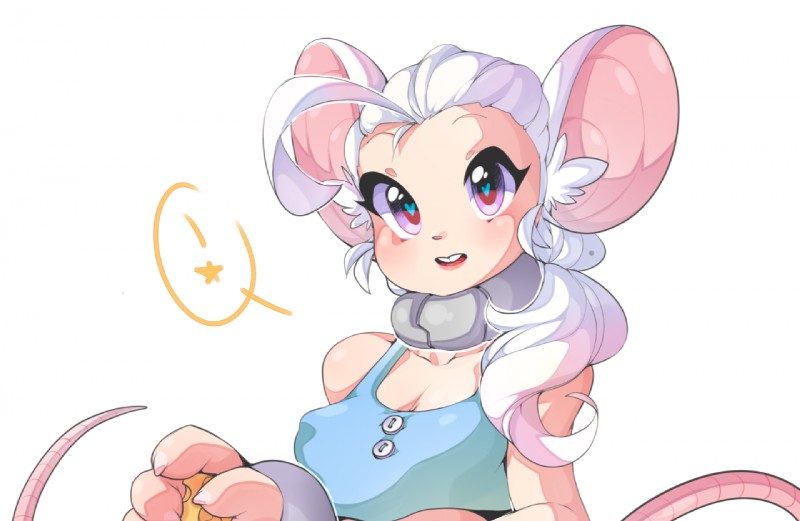 anthro blue_eyes buckteeth cheese claws clothing collar dairy_products exclamation_point female food hair heart_eyes heart_symbol lips long_hair looking_at_viewer pink_body pink_skin shirt simple_background solo teeth topwear white_background white_hair venusflowerart mammal mouse murid murine rodent 2016