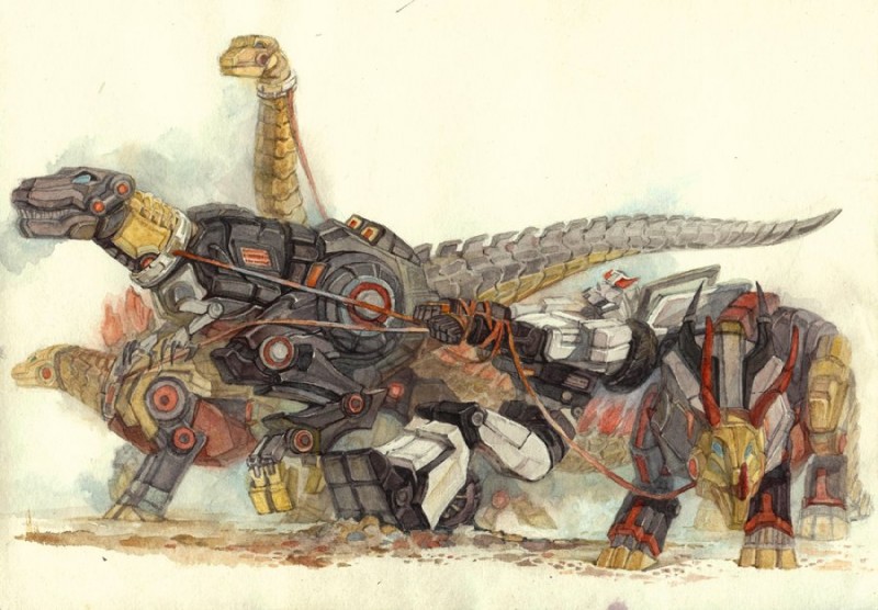 autobot blue_eyes collar group humor leash long_neck machine male open_mouth simple_background size_difference teeth wheel unita-n hasbro takara_tomy transformers grimlock prowl_(transformer) slag_(dinobot) sludge_(dinobot) snarl_(dinobot) apatosaurus ceratopsian cybertronian dinobot_(species) dinosaur diplodocid humanoid ornithischian prehistoric_species reptile robot sauropod sauropodomorph scalie stegosaurian stegosaurus theropod thyreophoran triceratops tyrannosaurid tyrannosauroid tyrannosaurus tyrannosaurus_rex painting_(artwork) traditional_media_(artwork) watercolor_(artwork)