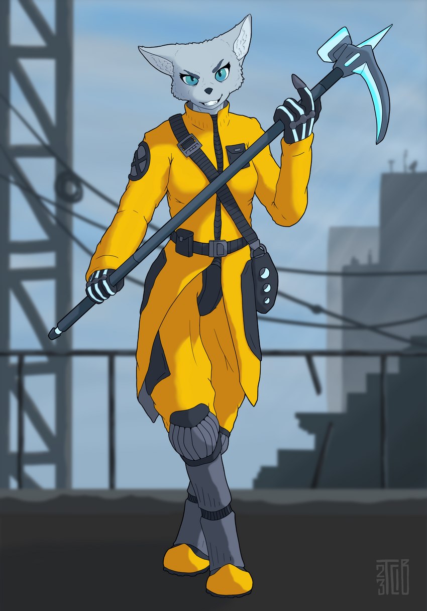 4_fingers anthro belt black_clothing blue_eyes clothed clothing detailed_background digitigrade digitigrade_footwear eyebrows eyelashes female fingers footwear fully_clothed fur furgonomic_footwear furgonomics gloves grey_body grey_ears grey_eyebrows grey_fur grin handwear hazmat_suit holding_object holding_weapon inner_ear_fluff looking_at_viewer melee_weapon multicolored_clothing outside smile solo standing tuft two_tone_clothing weapon white_inner_ear_fluff yellow_clothing thribocarbon domestic_cat felid feline felis mammal 2023 digital_media_(artwork) full-length_portrait hi_res portrait shaded signature