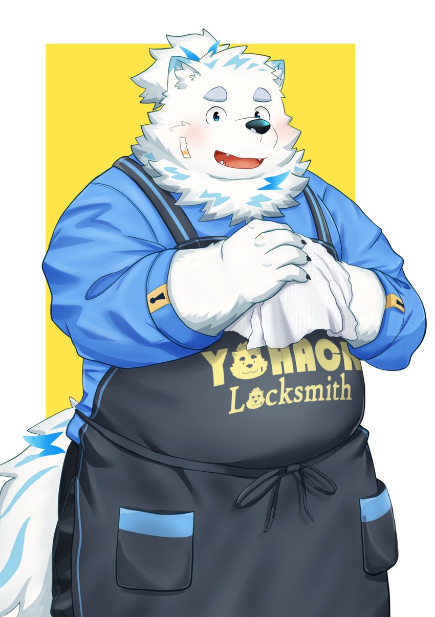 anthro apron bandage bandage_on_face belly blush clothing fur locksmith male overweight overweight_male solo white_body white_fur ruoain lifewonders live_a_hero yohack canid canine canis domestic_dog mammal nordic_sled_dog samoyed spitz absurd_res hi_res