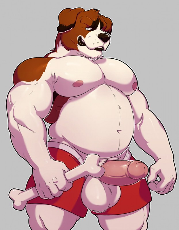 anthro balls big_pecs bone erection genitals humanoid_genitalia humanoid_penis male musclegut muscular muscular_anthro muscular_male pecs penis slightly_chubby solo knuxlight goliat canid canine canis domestic_dog mammal molosser mountain_dog saint_bernard 2017 hi_res