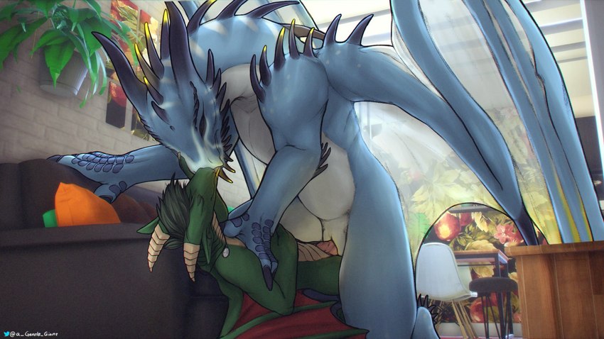 anal anal_penetration animal_genitalia anthro anthro_on_bottom anthro_on_feral anthro_penetrating anthro_penetrating_feral bestiality black_hair blue_body blue_scales claws detailed_background dominant duo erection eyes_closed feral feral_on_top feral_penetrated french_kissing from_front_position furniture genital_slit genitals glowing glowing_genitalia green_body green_scales hair hand_on_chest hand_on_face hand_on_partner's_chest horn inside intraspecies intraspecies_bestiality kissing larger_feral larger_male larger_penetrated lying male male/male male_on_anthro male_on_bottom male_on_feral male_on_top male_penetrated male_penetrating male_penetrating_male membrane_(anatomy) membranous_wings nirion nude on_back on_bottom on_sofa on_top penetration penile penile_penetration penis penis_in_slit pink_penis pink_tongue plant plant_pot potted_plant reverse_missionary_position scales sex size_difference slit_penetration slit_play small_dom_big_sub small_top_big_bottom smaller_anthro smaller_male sofa tail tan_body tan_scales tongue tongue_out white_body white_scales wings yellow_eyes yellow_tongue the_gentle_giant european_mythology mythology darius_(anotherpersons129) dragon mythological_creature mythological_scalie reptile scalie western_dragon 16:9 2021 hi_res widescreen