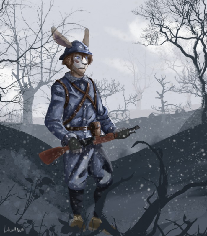 adrian_helmet anthro armor clothed clothing french fur gun hair headgear helmet historical holding_gun holding_object holding_ranged_weapon holding_weapon male military outside plant puttees ranged_weapon simple_background sky soldier solo standing tree uniform war warrior weapon world_war_1 chat_noir_(artist) letho_donovan lagomorph leporid mammal rabbit 2018 digital_media_(artwork)