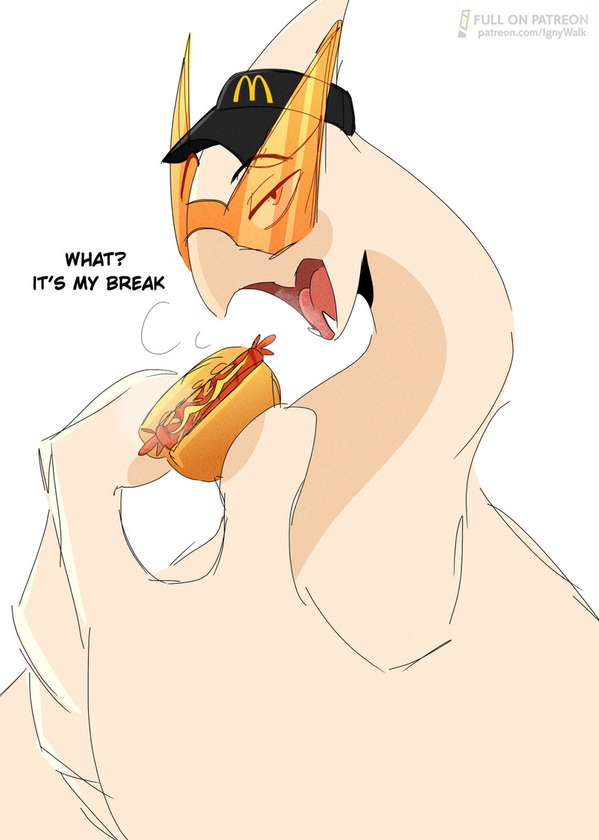 anthro big_hand big_hands breakfast buns cafe clothing delivery_(commerce) dialogue eating eating_food eye_contact fangs fast_food fast_food_(food) fast_food_employee fast_food_uniform food food_delivery hat hat_only headgear headgear_only headwear headwear_only holding_food holding_object hot_dog hot_dog_bun hungry looking_at_another looking_at_viewer lunch male meat mostly_nude mustard onion open_mouth plant restaurant sauce sausage solo teeth tongue vegetable worker working walk-w-igny mcdonald's nintendo pokemon fan_character igny_superstar orion_the_lugia_(walk-w-igny) generation_2_pokemon legendary_pokemon lugia pokemon_(species) comic hi_res