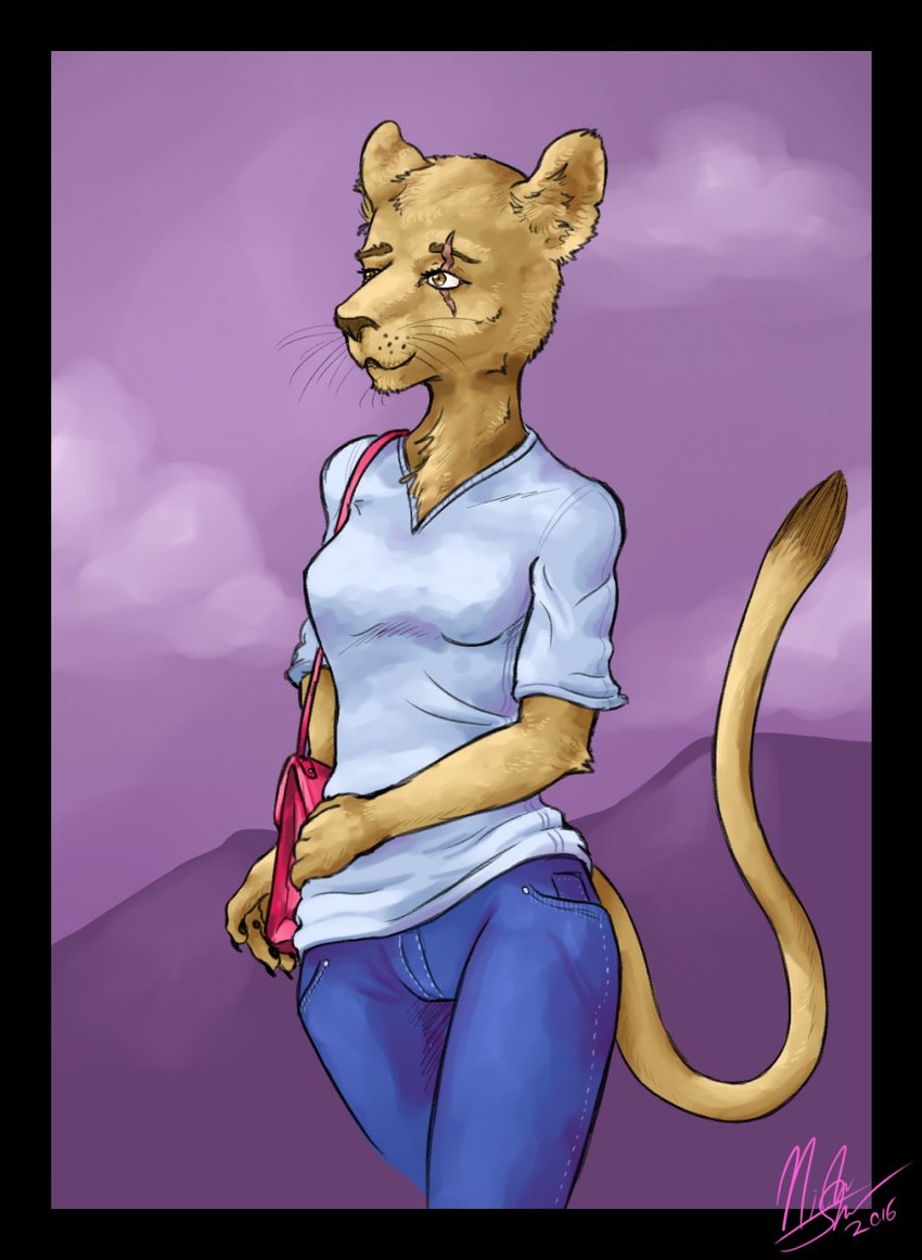 anthro black_nose breasts clothed clothing female fur purse scar solo whiskers yellow_body yellow_eyes yellow_fur barbarodda kevin_and_kell leona_mangle felid lion mammal pantherine 2016 hi_res