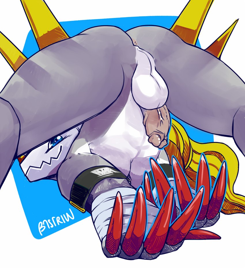 anthro anus ass_up balls blue_eyes butt claws erection fur genitals grey_body grey_fur looking_at_viewer looking_back male penis perineum presenting presenting_anus solo spread_legs spreading zigzag_teeth bastriw bandai_namco digimon digimon_(species) filmon hi_res