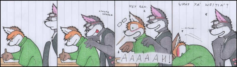 anthro dialogue duo eyewear glasses goggles halo male renandjay writing_text darren wolfoxx halowolf canid canine canis fox mammal red_fox true_fox wolf ren_(disambiguation) comic traditional_media_(artwork)