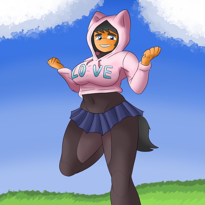 anthro black_hair blue_eyes bottomwear clothed clothing cloud female fur grass hair legwear orange_body orange_fur pantyhose plant skirt solo stockings sweater tail tail_under_skirt text topwear arisenleaf fluffy_pony cloe_(arisenleaf) fluffy_pony_(species) mammal 1:1 english_text hi_res