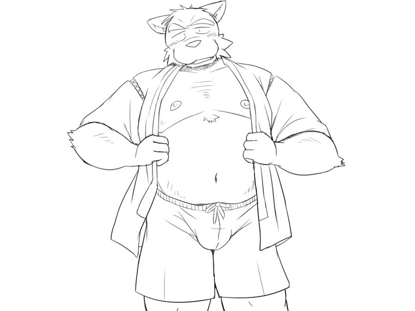 anthro belly bottomwear bulge clothing humanoid_hands jinbei_(clothing) kemono male moobs navel nipples overweight overweight_anthro overweight_male shorts simple_background solo white_background oogamikennta canid canine canis domestic_dog mammal 2018 4:3 monochrome