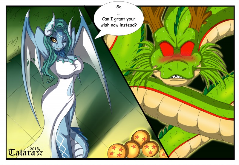 amber_eyes anthro asking asking_another big_breasts blue_body blue_skin blush breasts cleavage clothed clothing dialogue dragon_ball_(object) dress duo female feral green_body green_hair green_skin hair horn long_hair looking_at_viewer looking_up male navel non-mammal_breasts one_eye_closed question question_mark red_eyes seductive smile spikes standing tail talking_to_another text tight_clothing whiskers white_body white_skin wide_hips wings wink tatara94 dragon_ball mythology shenron dragon mythological_creature mythological_scalie reptile scalie 2015 absurd_res english_text hi_res