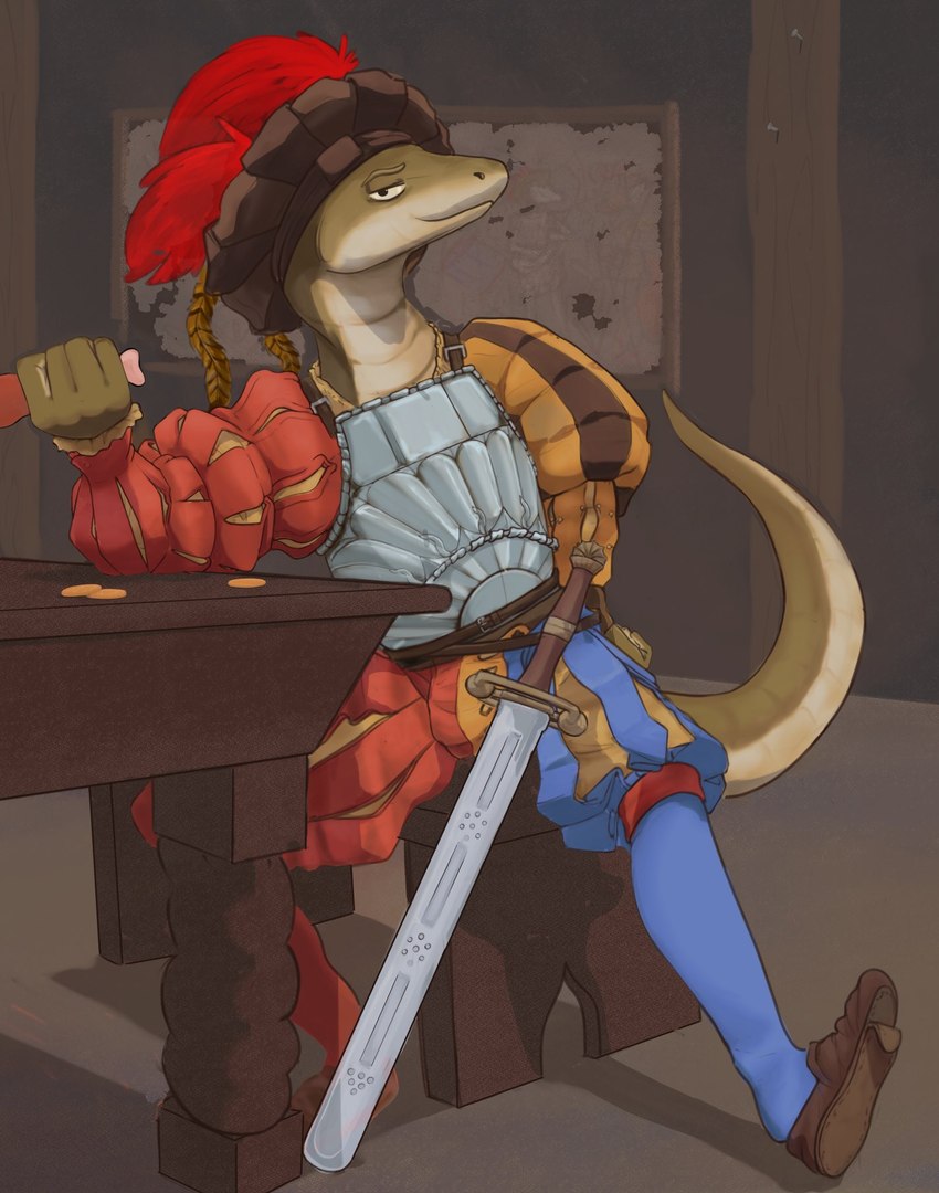 anthro clothing coin drumstick_(food) food furniture headgear headwear holding_food holding_object inside looking_at_viewer male medieval_armor medieval_clothing melee_weapon scabbard sitting solo sword table weapon worn_footwear banoncat banon reptile scalie snake 2021 hi_res