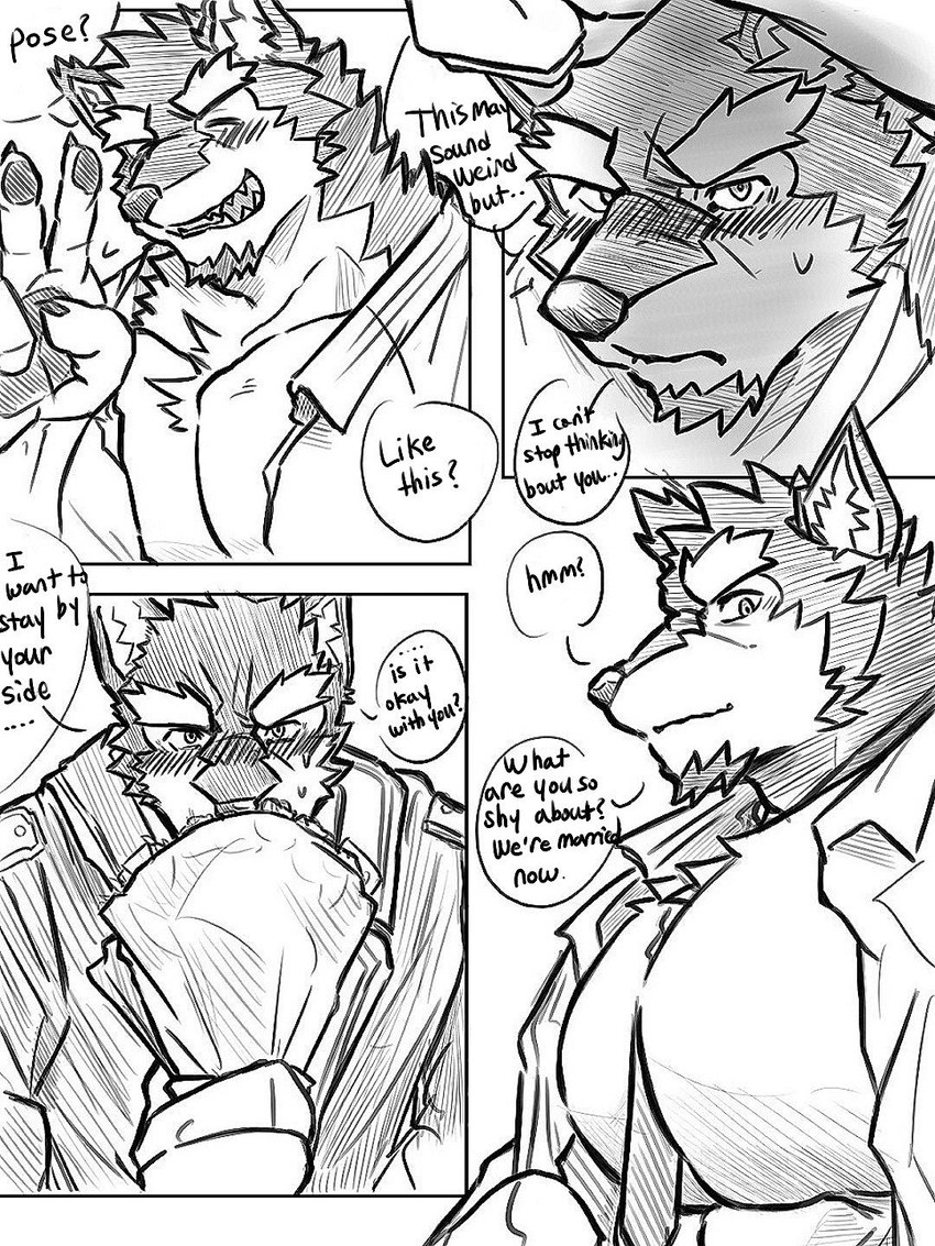 anthro blush bouquet countershading eyebrows flower flower_bouquet gesture hand_gesture looking_at_viewer male muscular muscular_anthro pawpads pecs plant solo text thick_eyebrows v_sign dj28sj lifewonders live_a_hero pubraseer canid canine canis domestic_dog mammal 3:4 english_text hi_res monochrome multiple_images