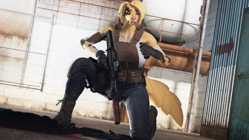 anthro assault_rifle blonde_hair blood bodily_fluids bottomwear bulletproof_vest clothing corpse denim denim_bottomwear denim_clothing female flashbang fur gloves gun hair handwear industrial_background jeans knee_pads pants pink_eyes ranged_weapon rifle shirt solo tactical_gear tactical_gloves tail tank_top topwear weapon yellow_body yellow_fur ludexus celestia_snyder_(ludexus) fan_character canid canine mammal 16:9 3d_(artwork) 4k absurd_res digital_media_(artwork) hi_res source_filmmaker_(artwork) widescreen