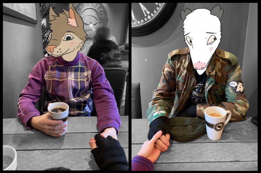 anthro beverage black_border blush border brown_body brown_fur cafe camo clothing coffee coffee_cup container cup duo fingerless_gloves fur gloves hand_holding handwear hat headgear headwear jacket male photo_background smile sweater tan_body tan_fur topwear white_body white_fur grivies dazze grivies_(grivies) american_opossum canid canine canis domestic_dog mammal marsupial virginia_opossum draw_over photography_(artwork)