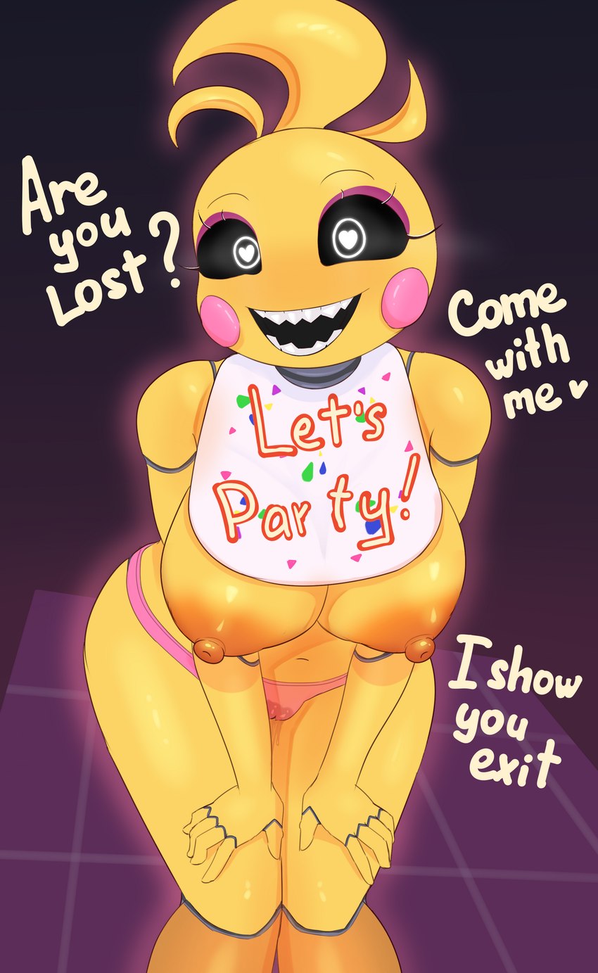 anthro big_breasts breasts clothing female heart_eyes heart_symbol looking_at_viewer machine panties presenting solo text underwear frezezyk five_nights_at_freddy's five_nights_at_freddy's_2 scottgames toy_chica_(fnaf) animatronic avian bird chicken galliform gallus_(genus) phasianid robot robot_anthro 2023 absurd_res digital_media_(artwork) hi_res