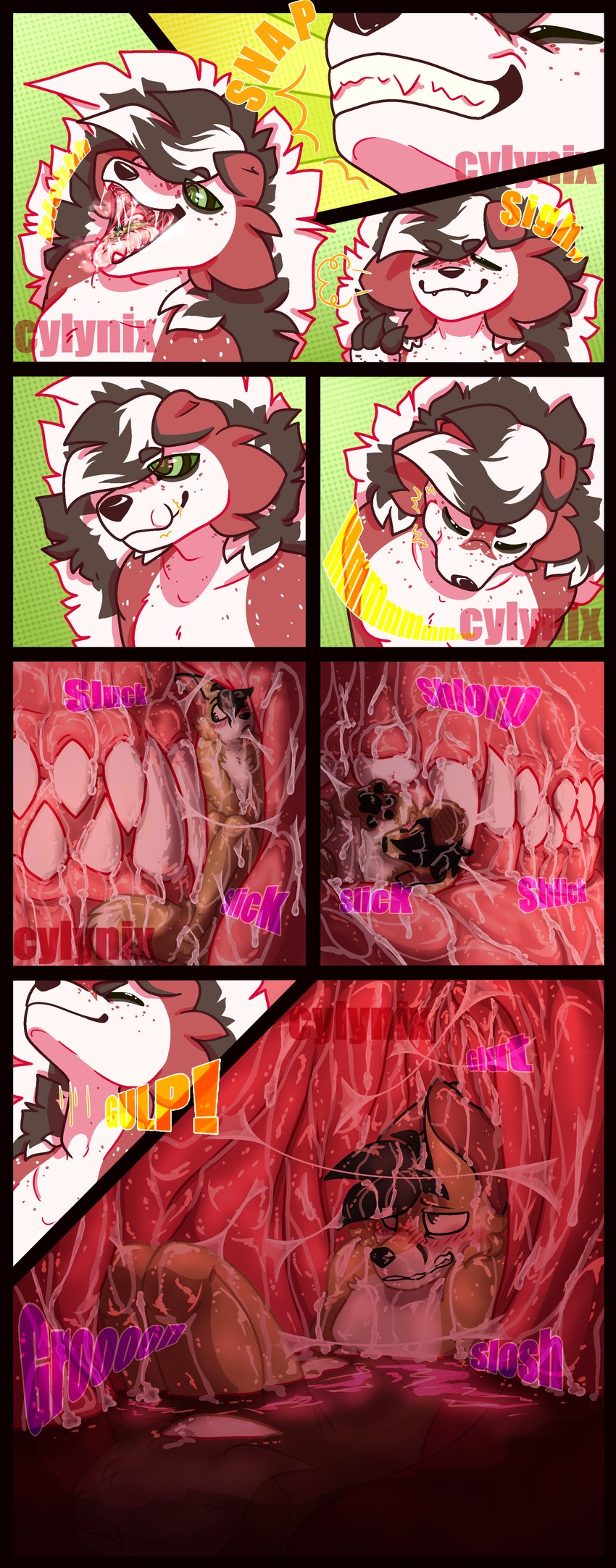 anthro cheek_bulge duo endosoma extreme_size_difference female female_pred larger_pred male male/female male_prey mawplay oral_vore safe_vore size_difference soft_vore vore willing_prey cylynix vore_comics nintendo pokemon cane_mckeyton canid canine fennec_fox fox generation_7_pokemon lycanroc mammal midnight_lycanroc pokemon_(species) true_fox absurd_res comic hi_res