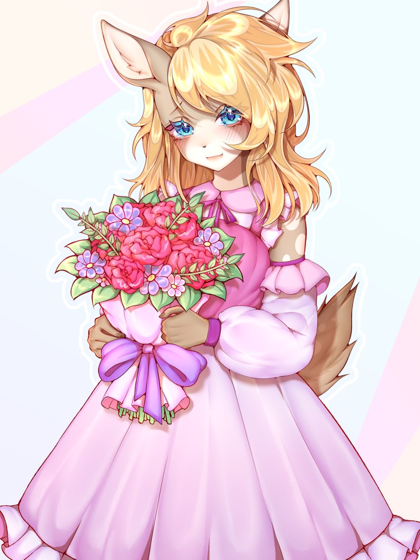 alternative_fashion anthro blonde_hair blue_eyes bouquet clothing dress female flower frilly frilly_clothing frilly_dress hair holding_object j-fashion lolita_(fashion) long_dress long_hair looking_at_viewer pink_clothing pink_dress plant scut_tail short_tail simple_background solo spots sweet_lolita tail tan_body white_background white_spots svetkaabdurakhmanova roadkill_(sufficient) deer mammal 2024 3:4 absurd_res hi_res shaded soft_shading