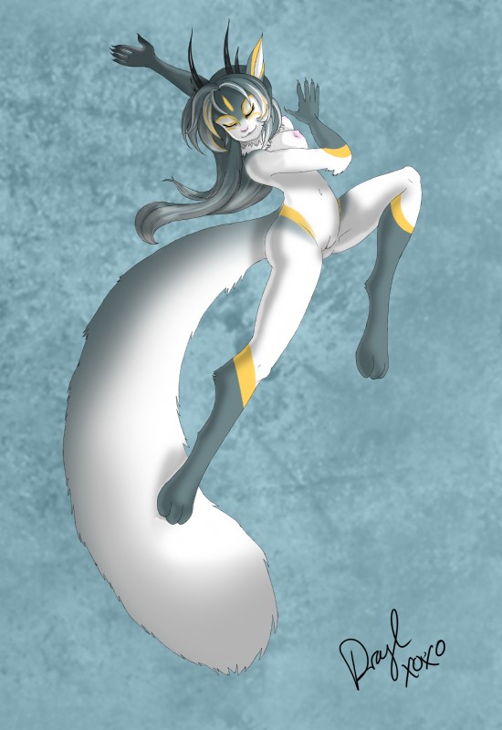 anthro breasts dancing eyes_closed female genitals hair horn jumping long_hair long_tail nipples nude pussy simple_background solo tail drayl obsidian_(character) mammal spragon 2012 absurd_res hi_res