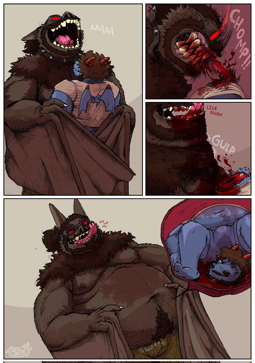 abdominal_bulge anthro belly big_belly blood blood_splatter blood_spray bodily_fluids chomp clothed clothing corpse death decapitation duo gore hard_vore licking licking_lips licking_own_lips male male/male messy sharp_teeth teeth tongue tongue_out vore willing_pred willing_prey wings chopangigante mythology chun_(chopangigante) bat dragon humanoid mammal mythological_creature mythological_scalie scalie hi_res