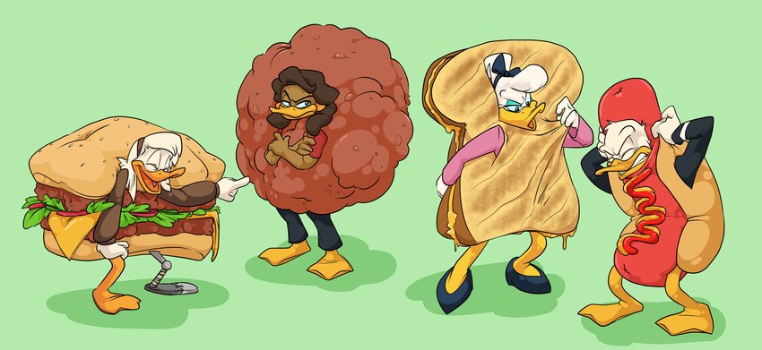 anthro burger burger_costume clothed clothing costume female food food_costume gesture grilled_cheese group hand_gesture hot_dog hot_dog_costume male meatball pointing sandwich_(food) simple_background standing koopakrazy85 disney ducktales ducktales_(2017) daisy_duck della_duck donald_duck m'ma_crackshell anatid anseriform avian bird duck absurd_res hi_res