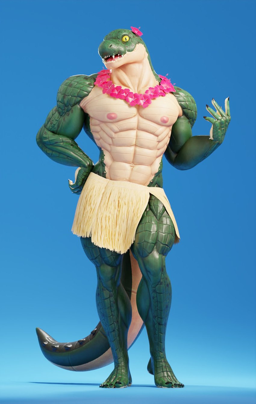 abs anthro barefoot biceps big_muscles blue_background bottomwear claws clothed clothing crossdressing feet flower flower_necklace flower_on_head grass_skirt hand_on_hip huge_muscles hula hula_dancer jewelry looking_at_viewer male muscular muscular_anthro muscular_male navel necklace nipples non-mammal_nipples obliques open_mouth open_smile pecs plant plantigrade quads scales simple_background skirt smile solo standing tail teeth tongue topless topless_anthro topless_male connivingrat helm_(connivingrat) crocodile crocodilian reptile scalie 2022 3d_(artwork) digital_media_(artwork) hi_res