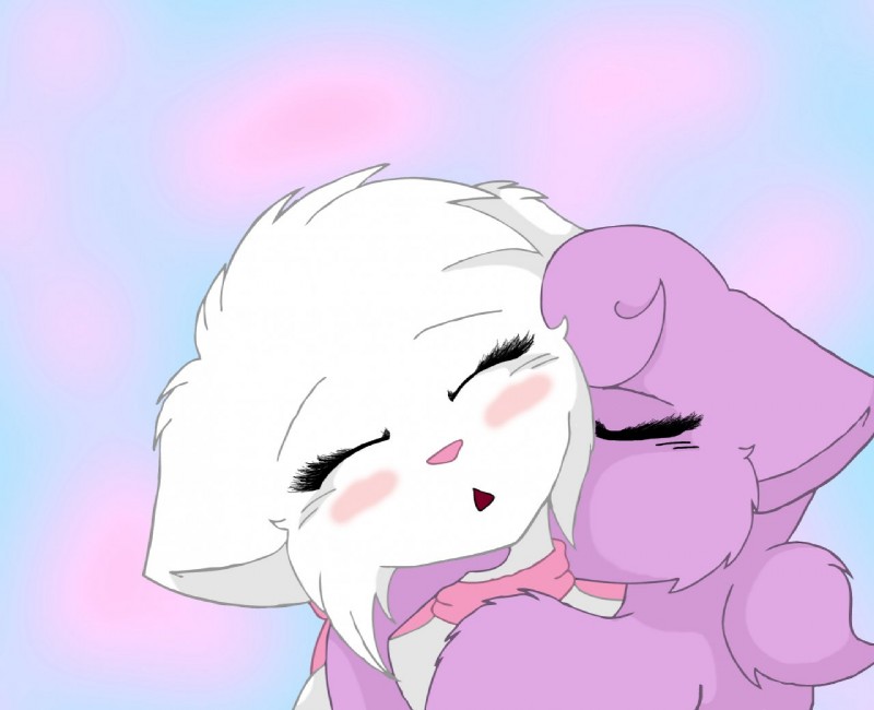 blush duo eyes_closed female female/female fur hand_on_neck kissing neckwear pink_scarf purple_body purple_fur scarf white_body white_fur punkkitten7x2 bittersweet_candy_bowl jessica_(bcb) lucy_(bcb) domestic_cat felid feline felis khao_manee mammal digital_drawing_(artwork) digital_media_(artwork) shaded