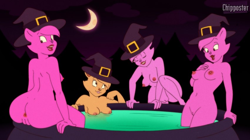 anthro anus breast_rest breasts casual_exposure cauldron clothing eyes_closed female fur genitals group hat hat_only headgear headgear_only headwear headwear_only mascot mostly_nude mostly_nude_female nipples partially_submerged pink_body pink_fur pussy sitting tan_body tan_fur witch_hat chipposter cinemark_theatres popcorn_penny the_little_friskies domestic_cat felid feline felis mammal 16:9 2024 hi_res widescreen