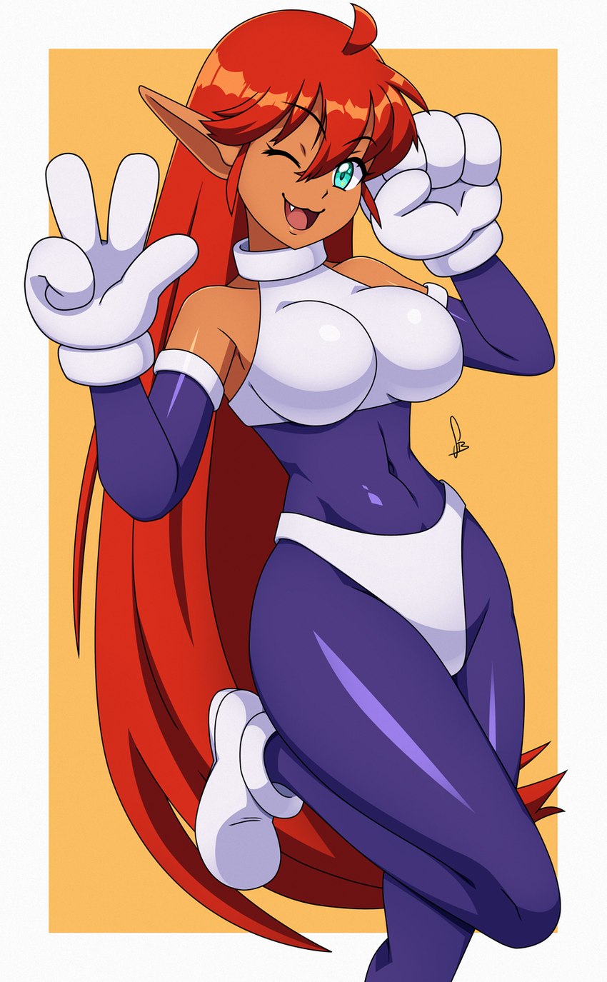 big_breasts blue_eyes bodysuit bra breasts brown_hair clothed clothing eyebrows eyelashes fangs female fully_clothed gesture gloves hair hand_gesture handwear humanoid_pointy_ears long_hair looking_at_viewer navel not_furry one_eye_closed pointy_ears pose red_hair skinsuit solo spandex sports_bra teeth thong tight_clothing underwear v_sign white_bra white_clothing white_sports_bra white_thong white_underwear wink dmy-gfx galaxy_fight sunsoft roomi humanoid lutecian mammal 2022 hi_res signature