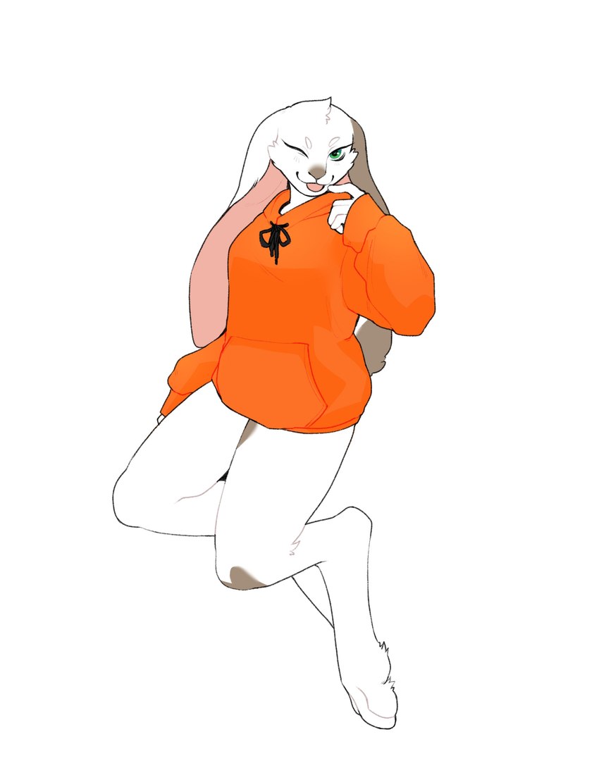 anthro blep bottomless clothed clothing digitigrade female green_eyes hoodie hoodie_only looking_at_viewer one_eye_closed simple_background solo tongue tongue_out topwear topwear_only white_background ayannzer domestic_rabbit lagomorph leporid lop_rabbit mammal oryctolagus rabbit 2024 absurd_res digital_media_(artwork) hi_res