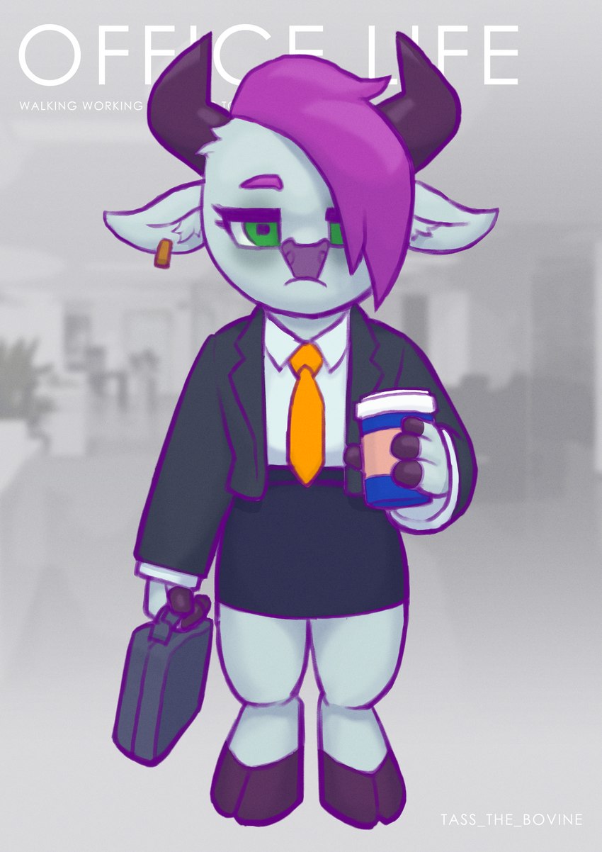 anthro beverage bottomwear burnout clothing coffee coffee_cup container cup ear_piercing ear_ring femboy green_eyes hooves male necktie office office_clothing office_lady office_outfit piercing ring_piercing sad skirt solo tass_the_bovine tass_(character) bovid bovine cattle mammal absurd_res hi_res