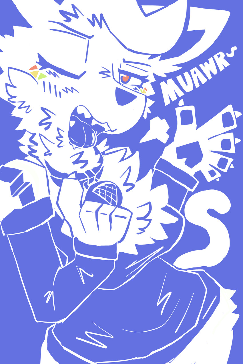anthro big_breasts biped blue_eyes blue_tongue blush blush_lines bodily_fluids bottomless bottomless_female breasts breath cheek_tuft cleavage clothed clothing collar facial_tuft female fluffy fluffy_chest fluffy_neck_fur fur handpaw head_tuft inner_ear_fluff looking_at_viewer meow one_eye_closed pawpads paws pupils red_pupils saliva simple_background sleeves small_waist solo strapless_clothing strapless_topwear tilde_after_text tongue tongue_out topwear tuft white_body white_fur wide_hips wink winking_at_viewer fc5 discord_(app) clyde_(discord) domestic_cat felid feline felis mammal 2025 hi_res