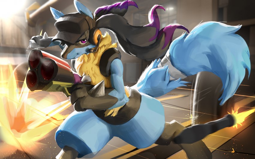 2fort 3_fingers ambiguous_gender anthro explosion fingers gun ranged_weapon rocket running solo weapon austinarts4 nintendo pokemon team_fortress_2 valve scout_(team_fortress_2) generation_4_pokemon lucario pokemon_(species) hi_res