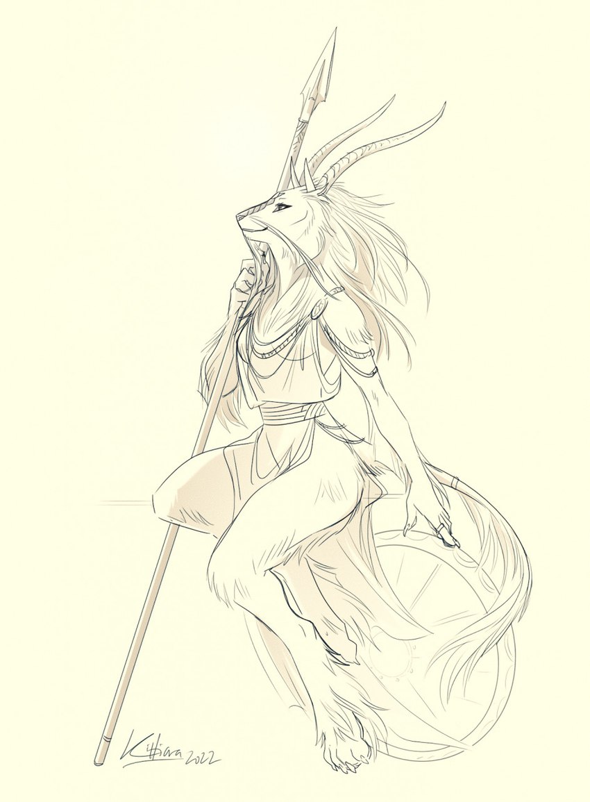 accessory anthro female furgonomics fuzzy horn looking_away loose_shirt melee_weapon polearm simple_background solo spear tail tail_accessory weapon white_background kittiara mythology dragon mythological_creature mythological_scalie scalie hi_res sketch