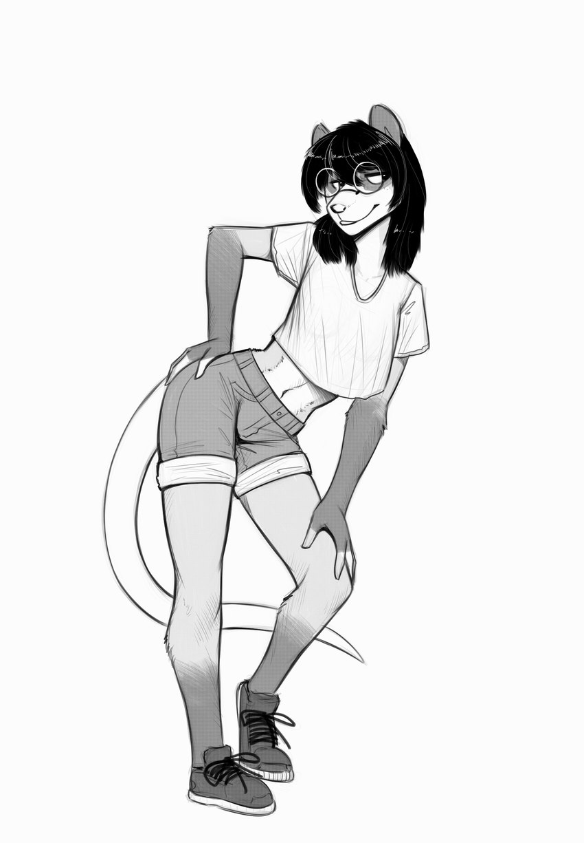 anthro black_hair bottomwear clothing crop_top eyewear female footwear fur glasses gloves_(marking) grey_body grey_fur hair hand_on_hip hand_on_knee hand_on_leg leaning_over leg_markings markings midriff pose posing_for_picture rolled_up_pants round_glasses shirt shoes shorts slim smile sneakers socks_(marking) solo topwear mortarionlordofdeath brie_(devildjmachine) american_opossum mammal marsupial absurd_res hi_res monochrome