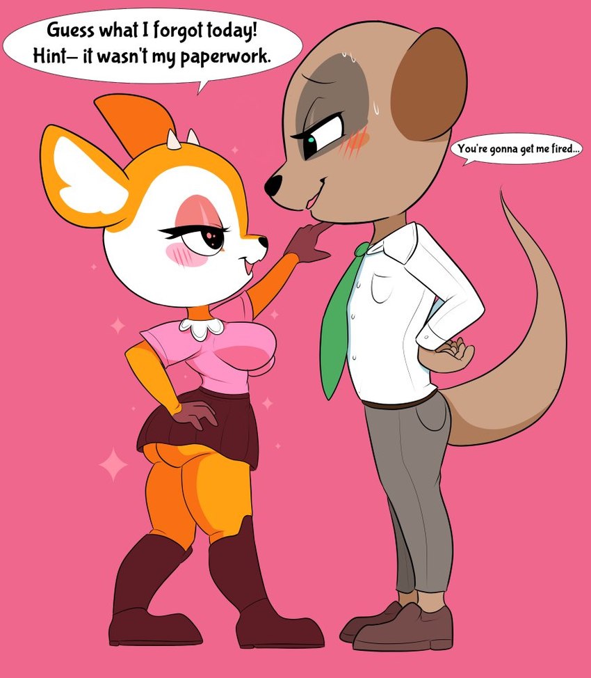 anthro blush boots butt clothed clothing dialogue duo female footwear half-closed_eyes horn looking_at_another male male/female narrowed_eyes shoes suggestive teasing text upskirt poppncherry aggretsuko sanrio chief_komiya tsunoda_(aggretsuko) antelope bovid gazelle herpestid mammal meerkat thomson's_gazelle true_antelope english_text