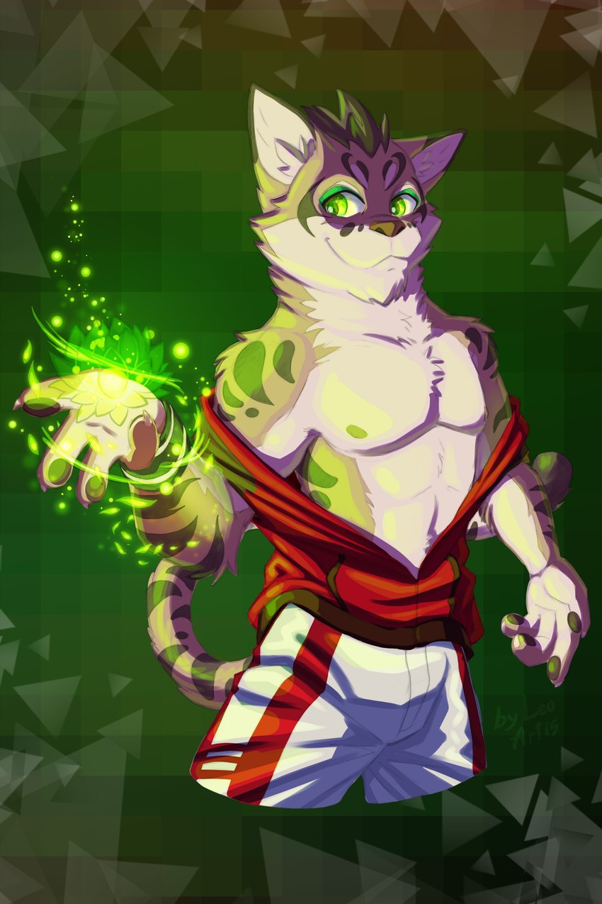 anthro bottomwear clothing countershading fur gradient_background green_eyes magic male red_clothing red_topwear shorts simple_background smile solo topwear triangle_(shape) white_bottomwear white_clothing young leo-artis nekojishi studio_klondike shu-chi deity felid feline leopard_cat mammal prionailurus 2022 2:3 absurd_res hi_res