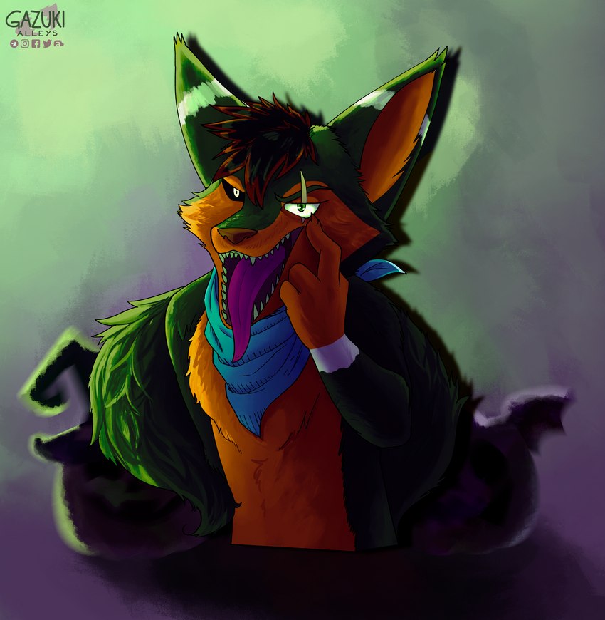 anthro fur green_body green_eyes green_fur holidays looking_at_viewer male nude simple_background smile solo tongue tongue_out gazuki halloween canid canine fox mammal absurd_res digital_media_(artwork) digital_painting_(artwork) hi_res