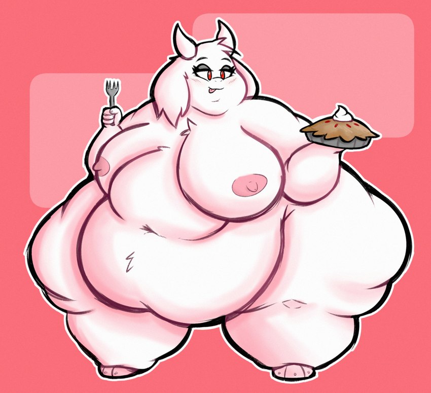 anthro areola belly big_belly big_breasts blush breasts cutlery dessert female food fork half-closed_eyes holding_food holding_fork holding_object holding_pie horn huge_belly huge_breasts huge_hips huge_thighs hyper hyper_hips hyper_thighs kitchen_utensils morbidly_obese morbidly_obese_anthro morbidly_obese_female narrowed_eyes navel nipples nude obese obese_anthro obese_female overweight overweight_anthro overweight_female pastry pie pink_areola pink_nipples red_eyes solo thick_thighs tongue tongue_out tools white_body wide_hips syrupsunset undertale undertale_(series) toriel boss_monster_(undertale) bovid caprine goat mammal