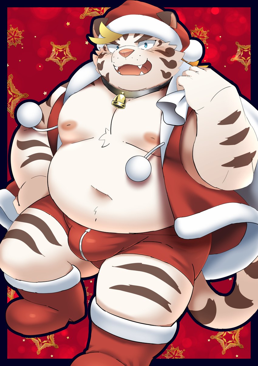 anthro belly big_belly blush bulge christmas_clothing christmas_headwear clothing cute_fangs fangs hat headgear headwear holidays humanoid_hands kemono male moobs navel nipples overweight overweight_male santa_hat solo teeth underwear white_body ptcmtr christmas lifewonders tokyo_afterschool_summoners licho_(tas) felid mammal pantherine tiger 2021 absurd_res hi_res