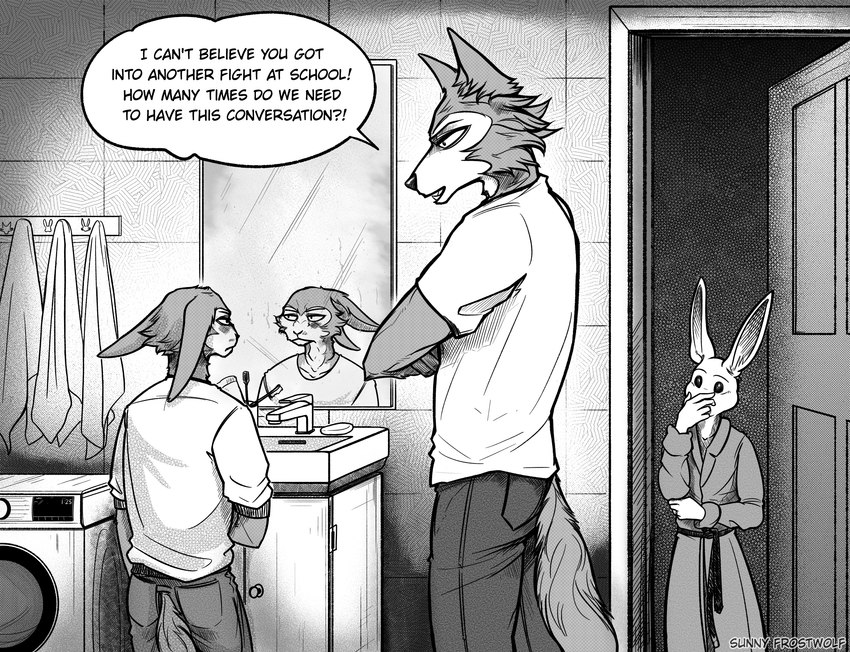 angry annoyed anthro appliance bathroom brush digit_ring ears_back family female group husband_and_wife jewelry laundry_machine male married_couple mirror pivoted_ears ring scolding sink text toothbrush trio washing_machine wedding_ring wounded sunny_frostwolf beastars haru_(beastars) lee_(greatlizardwizard) legoshi's_chimera_(beastars) legoshi_(beastars) canid canine canis hybrid lagomorph leporid mammal rabbit wolf english_text hi_res monochrome father_(lore) father_and_child_(lore) father_and_son_(lore) mother_(lore) mother_and_child_(lore) mother_and_son_(lore) parent_(lore) parent_and_child_(lore) parent_and_son_(lore) son_(lore)