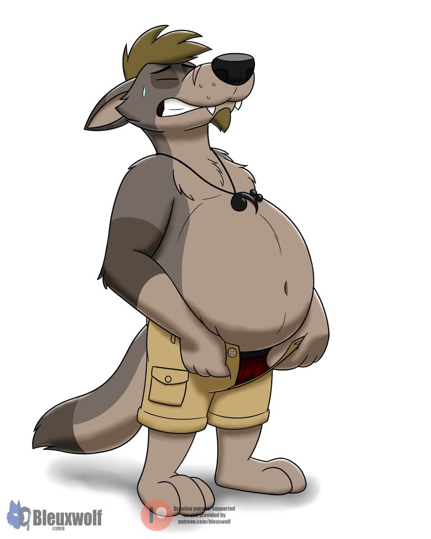 3_toes 5_fingers anthro beard belly big_belly bottomwear buttoning_pants clothed clothing eyes_closed facial_hair feet fingers fur hair jewelry male multicolored_body multicolored_fur navel necklace overweight overweight_male pointy_ears scar shorts simple_background solo tail teeth toes topless topless_male visible_underwear white_background bleuxwolf curtis_lupus canid canine canis mammal wolf 4:5 hi_res watermark