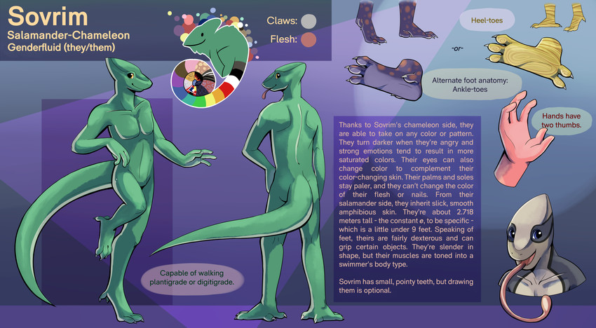 5_fingers 5_toes ambiguous_gender anthro biped blep color_swatch featureless_crotch feet fingers long_tongue multicolored_body multicolored_skin nude pink_tongue solo standing text toes tongue tongue_out klippy sovrim_terraquian amphibian chameleon hybrid lizard reptile salamander scalie 2017 absurd_res english_text hi_res model_sheet shaded simple_shading nonbinary_(lore)